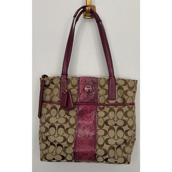 Coach Signature Python Stripe Raspberry Beige Tan shoulder purse bag - Picture 1 of 16